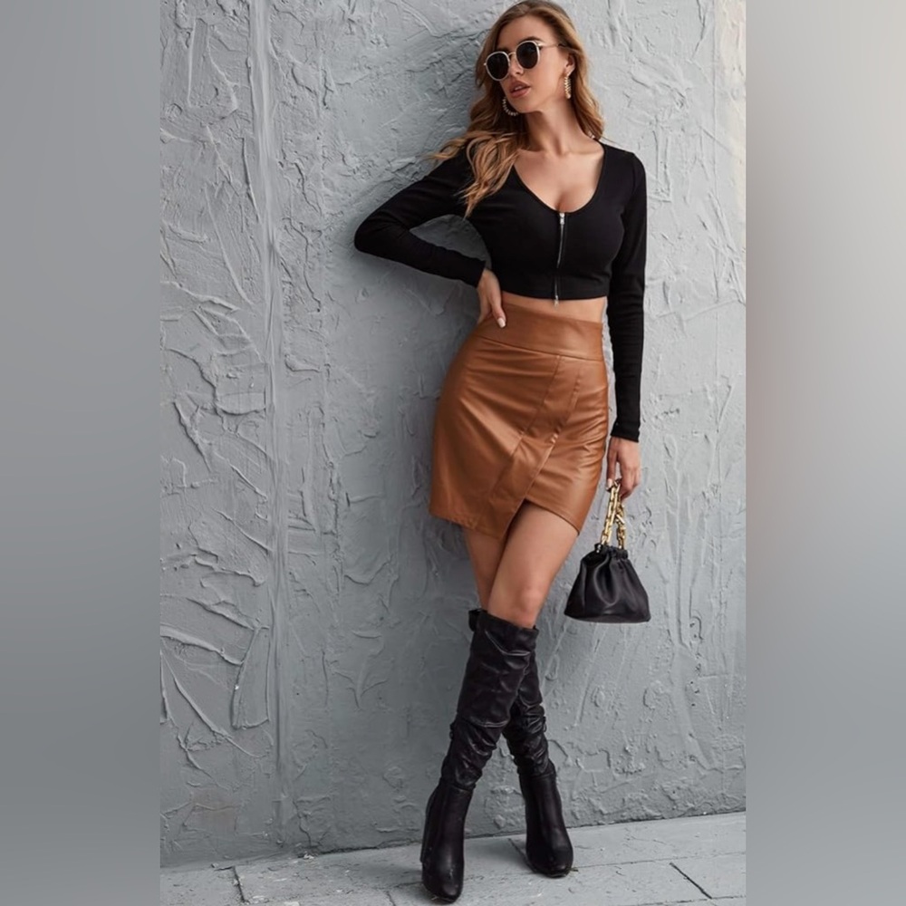 Tan Brown Faux Leather Asymmetrical Mini Skirt | NWOT Size S